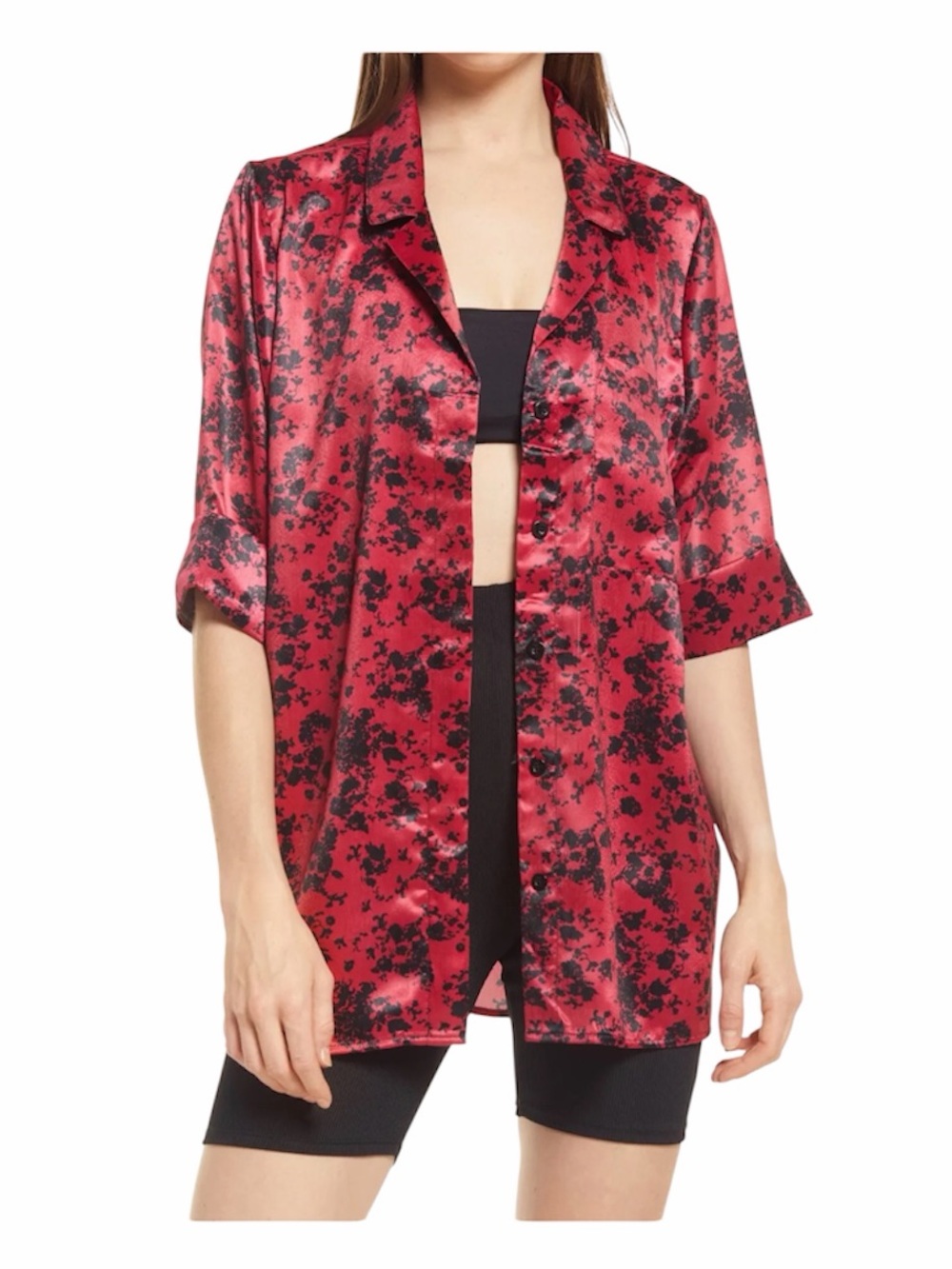 Open Edit Nordstrom’s Black Jarden Floral Camp Shirt Pink Red Floral Satin S